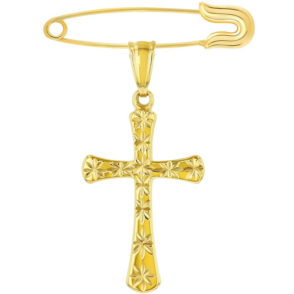 14k Yellow Gold Textured Religious Plain Cross Pendant with Safety Pin Brooch