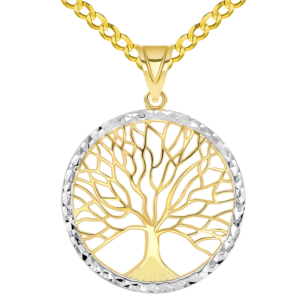 14k Yellow Gold Textured Round Elegant Two Tone Tree of Life Medallion Pendant with Curb Chain Necklace