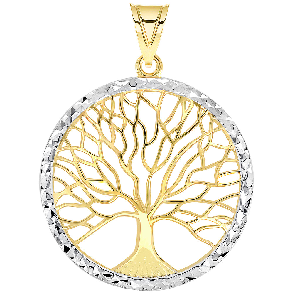14k Yellow Gold Textured Round Elegant Two Tone Tree of Life Medallion Pendant