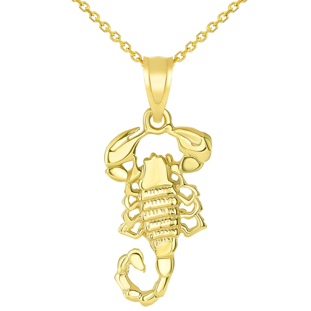 Solid 14k Yellow Gold Textured Scorpion Charm Scorpio Zodiac Pendant with Rolo, Curb, or Figaro Chain Necklaces