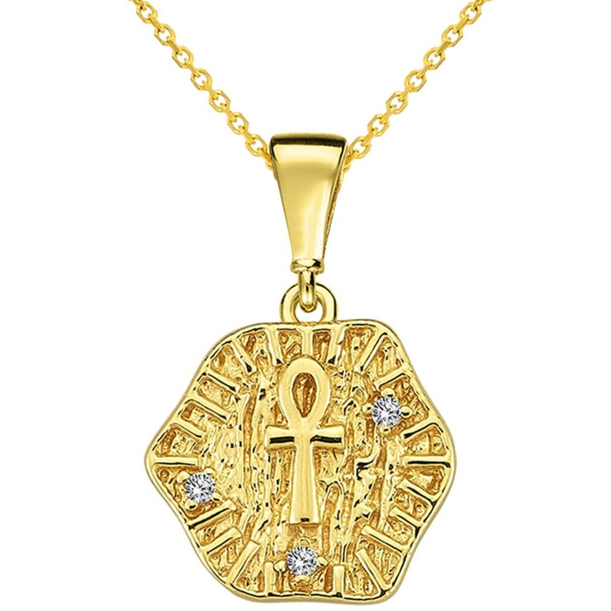 14k Yellow Gold Textured Small CZ Egyptian Ankh Cross Talisman Pendant Necklace