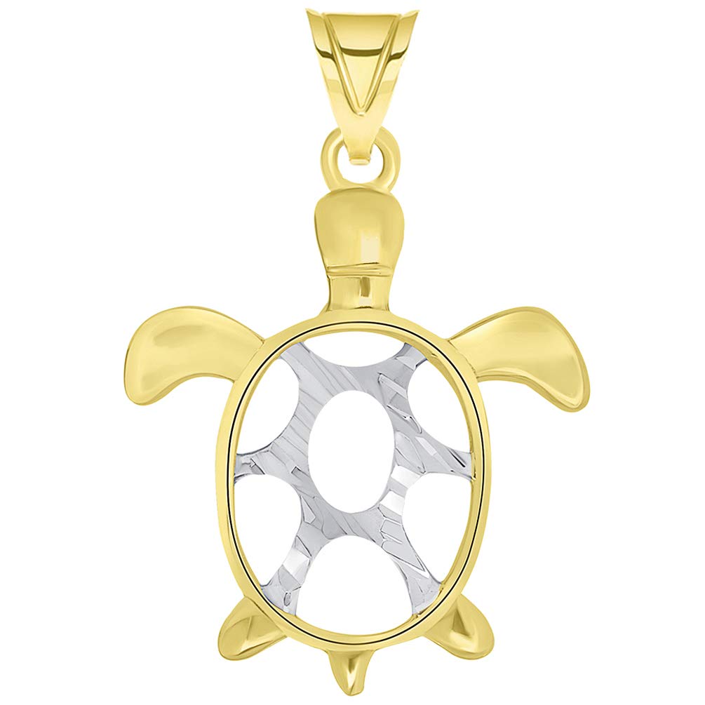 14k Yellow Gold Textured Two Tone Open Shell Sea Turtle Good Luck Pendant For Women