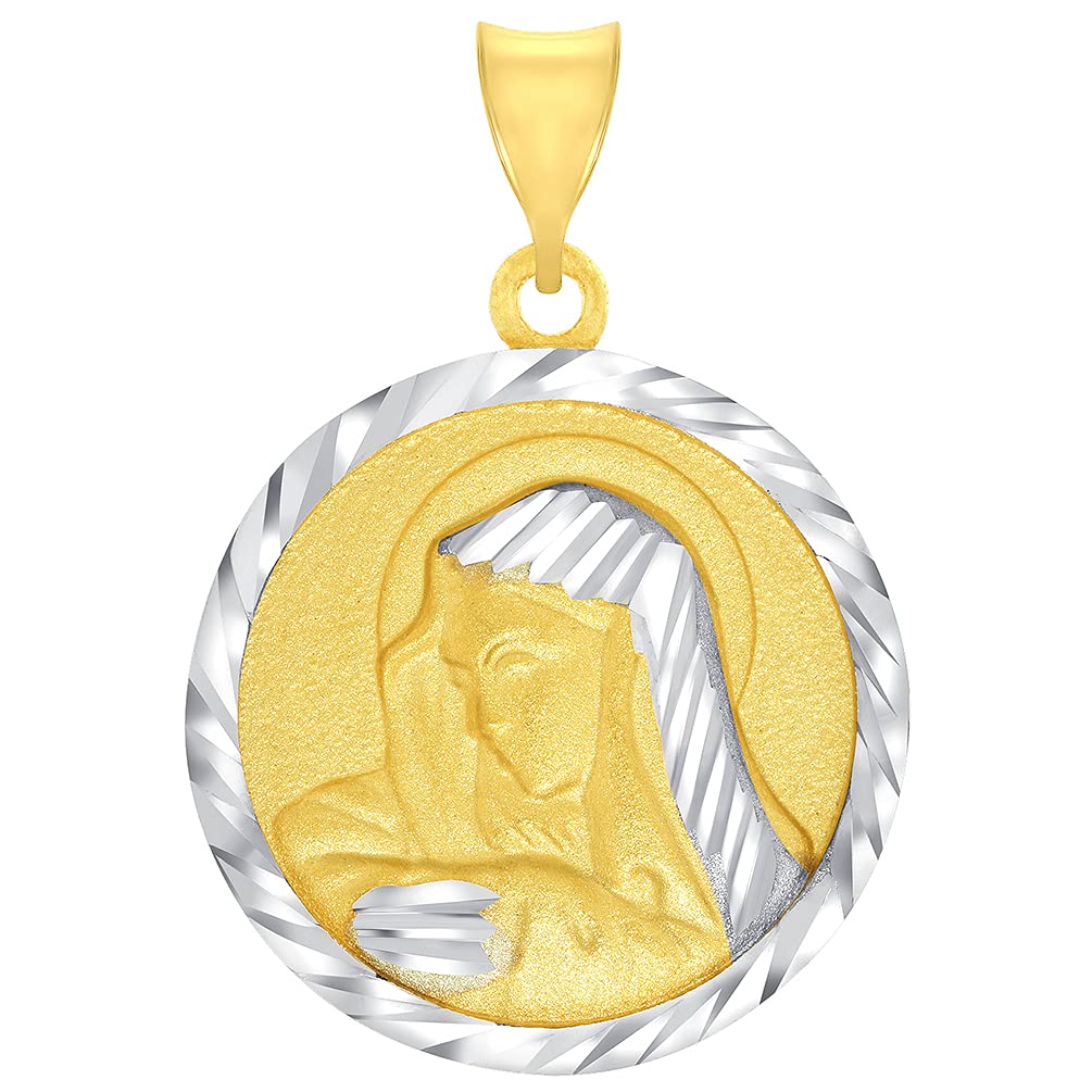 14k Yellow Gold Textured Two Tone Round Virgin Mary Medallion Pendant