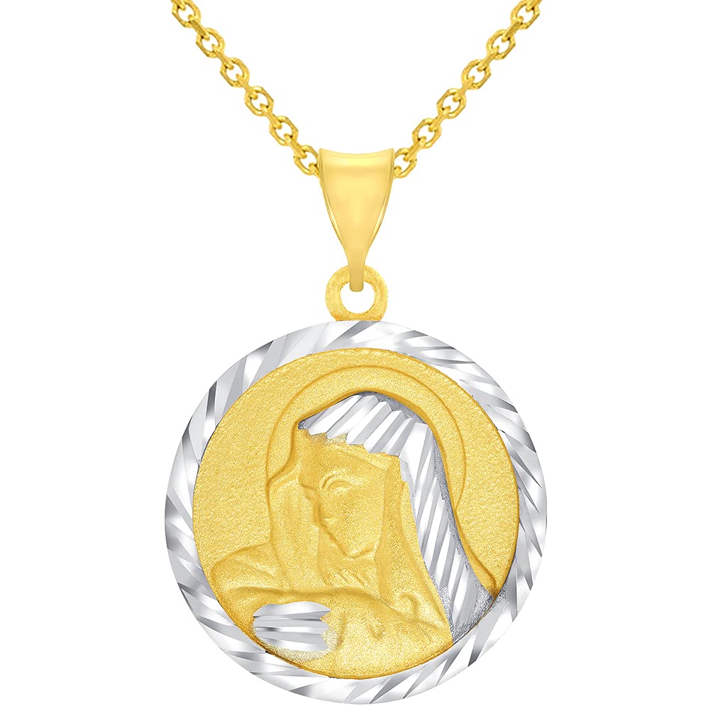 14k Yellow Gold Textured Two Tone Round Virgin Mary Medalliion Pendant with Rolo Cable, Cuban Curb, or Figaro Chain Necklaces