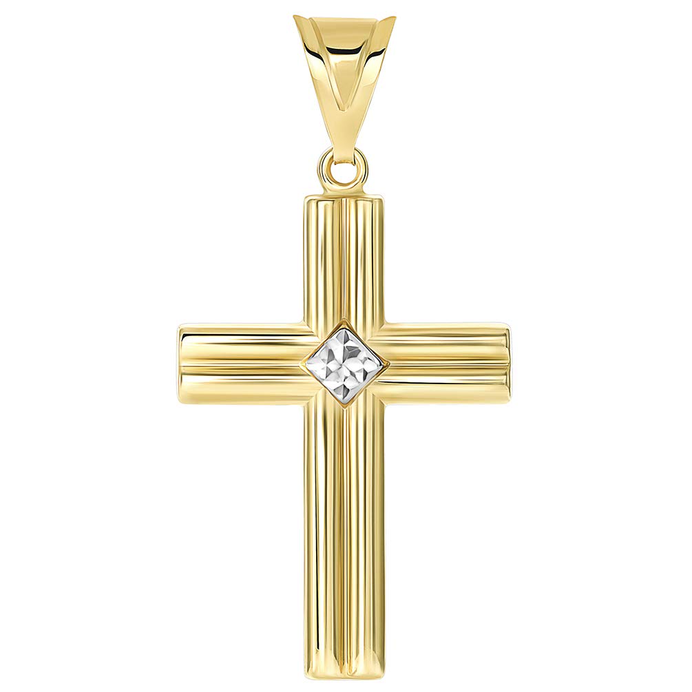 14k Yellow Gold Textured & Plain Reversible Religious Two-Tone Cross Pendant