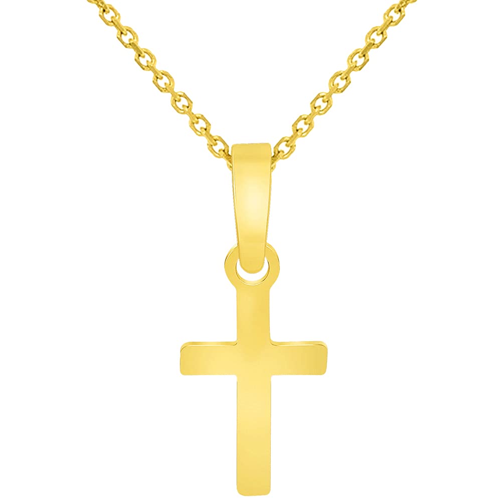Solid 14k Yellow Gold Tiny Dainty Classic Plain Religious Cross Charm Pendant with Rolo Cable, Cuban Curb, or Figaro Chain Necklaces