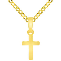 Load image into Gallery viewer, Solid 14k Yellow Gold Tiny Dainty Classic Plain Religious Cross Charm Pendant with Rolo Cable, Cuban Curb, or Figaro Chain Necklaces

