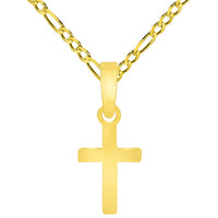 Load image into Gallery viewer, Solid 14k Yellow Gold Tiny Dainty Classic Plain Religious Cross Charm Pendant with Rolo Cable, Cuban Curb, or Figaro Chain Necklaces
