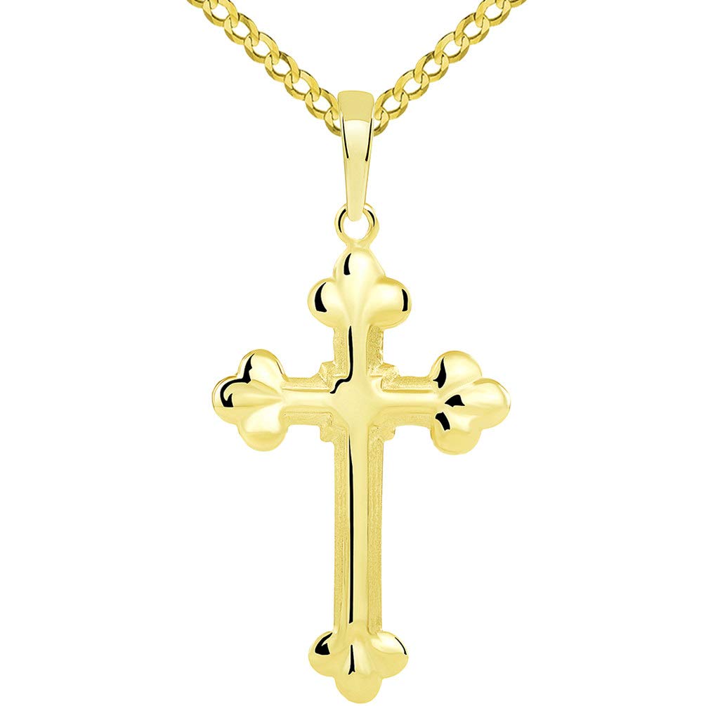 Solid 14k Yellow Gold Traditional Botonee-Style Eastern Orthodox Cross Pendant with Cuban Necklace
