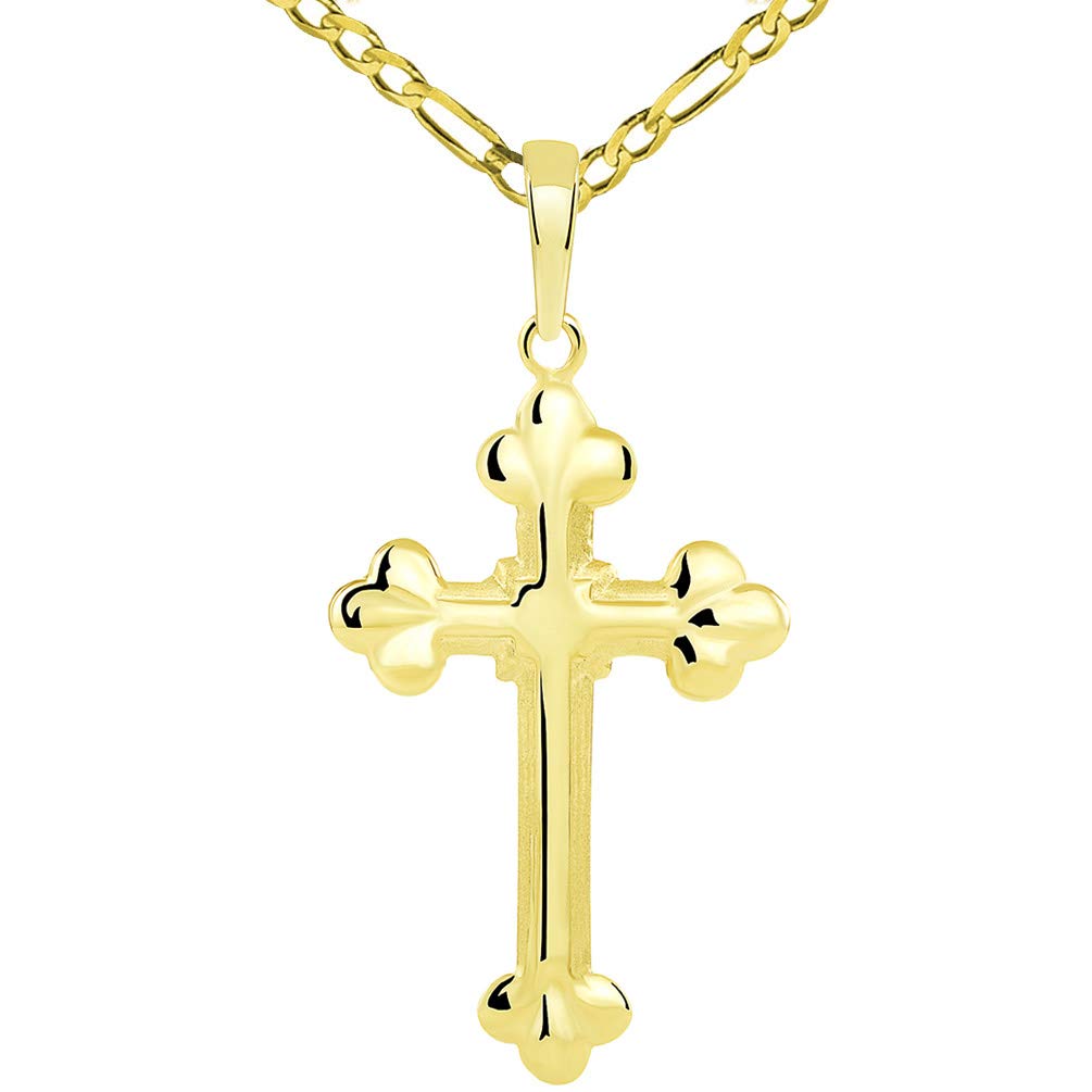 Solid 14k Yellow Gold Traditional Botonee-Style Eastern Orthodox Cross Pendant with Figaro Necklace