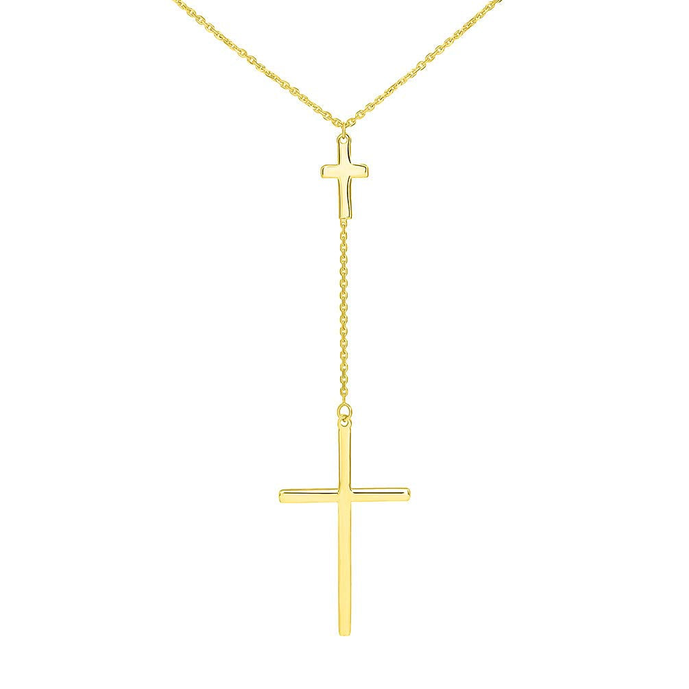 14k Yellow Gold Traditional Double Cross Necklace with Lobster Claw Clasp