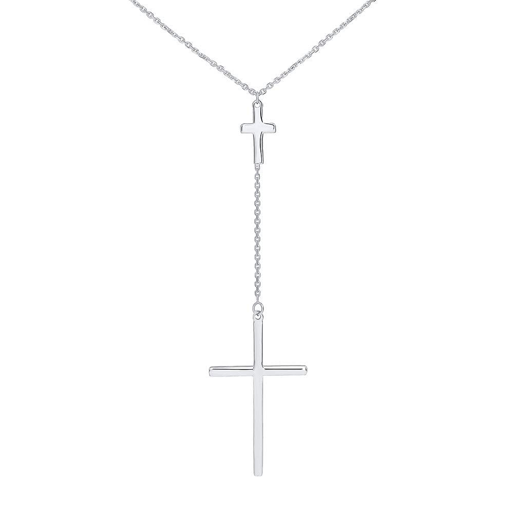 14k White Gold Traditional Double Cross Necklace with Lobster Claw Clasp