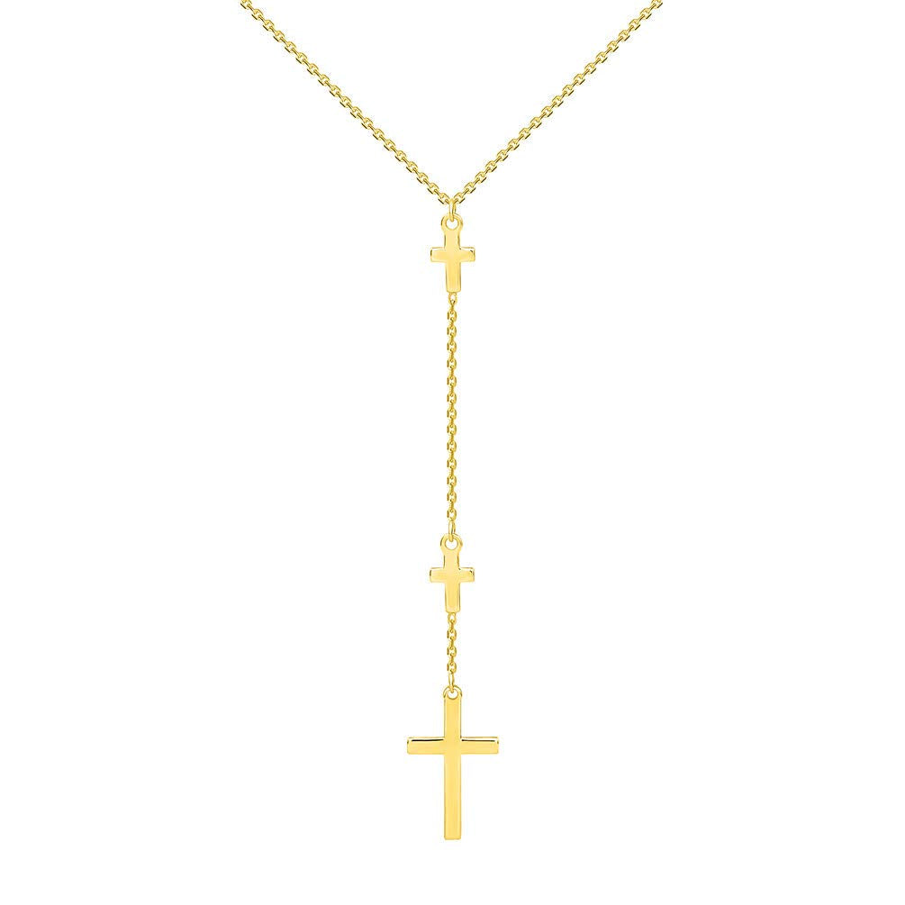 14k Yellow Gold Traditional Triple Cross Necklace with Lobster Claw Clasp