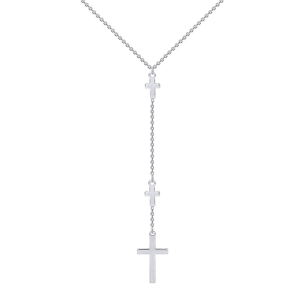 14k White Gold Traditional Triple Cross Necklace with Lobster Claw Clasp