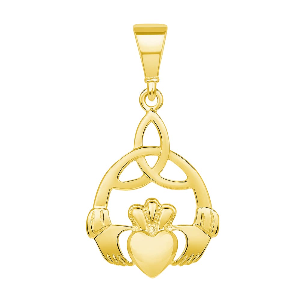 14k Yellow Gold Trinity Celtic Knot Irish Claddagh Hands Holding Heart Pendant