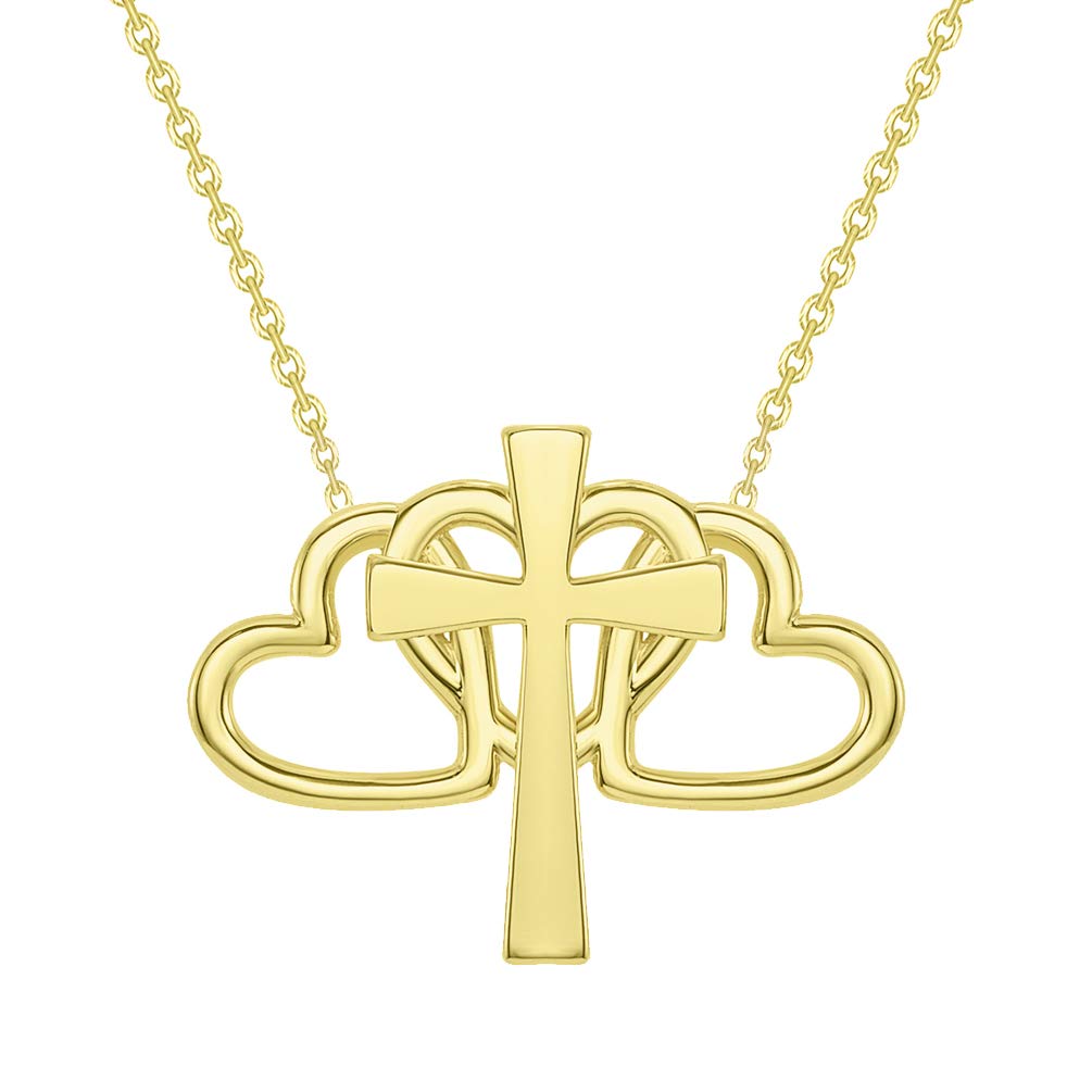 14k Yellow Gold Triple Heart Religious Cross Necklace with Lobster Claw Clasp (16" to 18" Adjustable Chain)