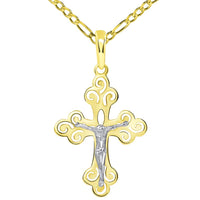 Load image into Gallery viewer, 14k Two-Tone Gold Open Filigree Orthodox Cross Christian Crucifix Pendant with Figaro Necklace
