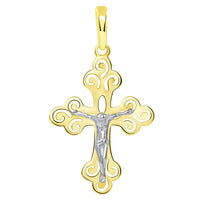 Load image into Gallery viewer, 14k Two-Tone Gold Open Filigree Orthodox Cross Christian Crucifix Pendant with Figaro Necklace
