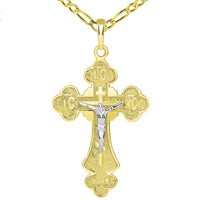 Load image into Gallery viewer, 14k Two Tone Gold Botonnee St. Olga Orthodox Cross IC XC NIKA Crucifix Pendant with Figaro Necklace
