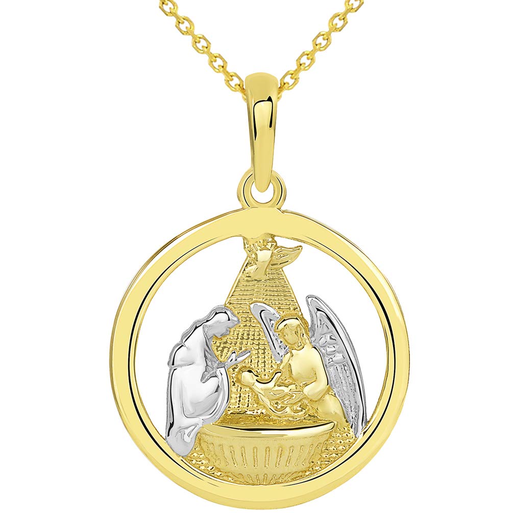 14k Yellow Gold Polished Two Tone Open Round Holy Spirit Baptism Christening Pendant - Available with Rolo, Curb, or Figaro Chain Necklaces