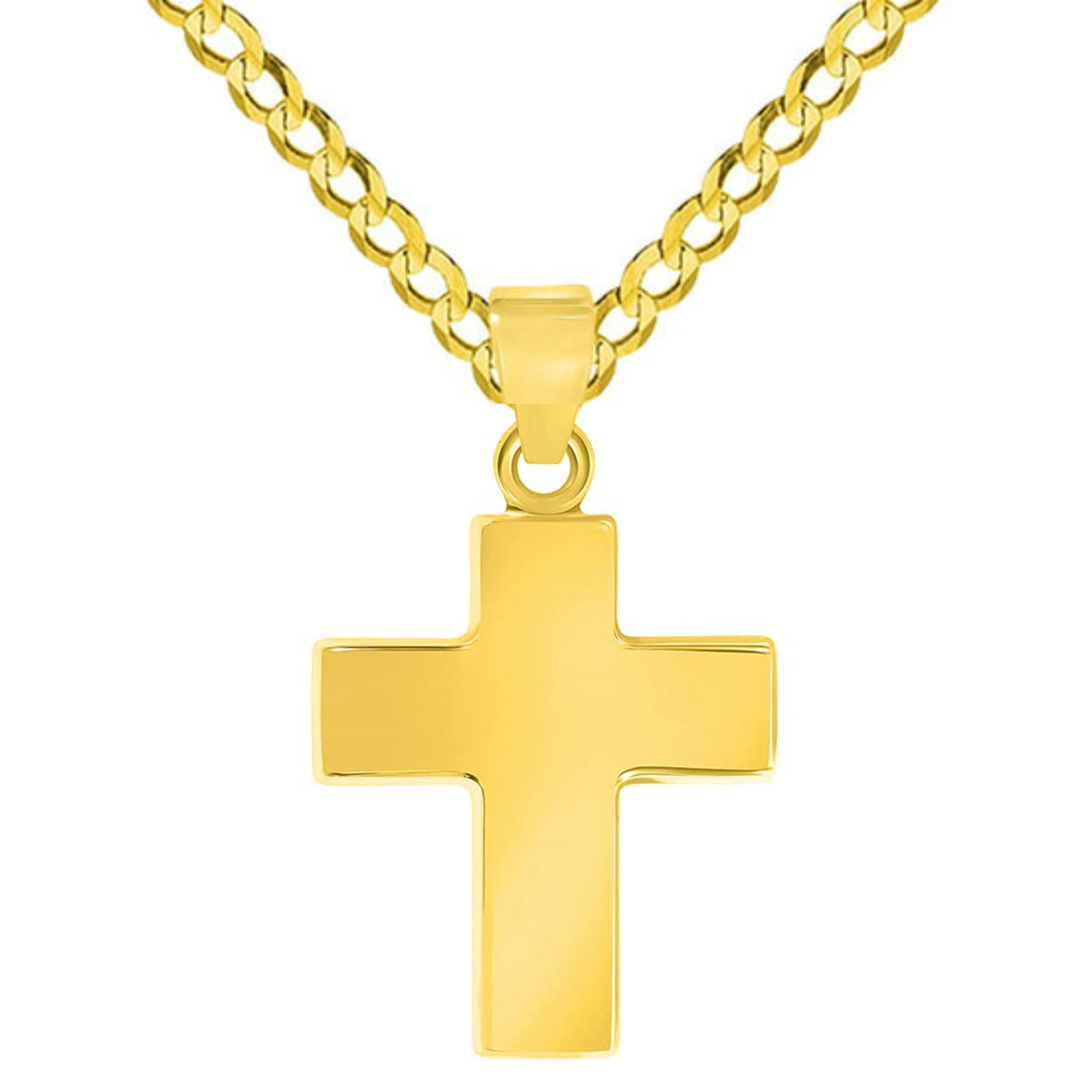 14k Yellow Gold Polished Simple Small Religious Cross Charm Pendant with Cuban Chain Curb Necklace