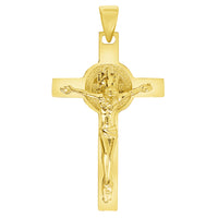 Load image into Gallery viewer, Solid 14k Yellow Gold Classic Saint Benedict Cross Jesus Crucifix Pendant with Cable, Cuban Curb, or Figaro Chain Necklaces
