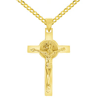 Load image into Gallery viewer, Solid 14k Yellow Gold Classic Saint Benedict Cross Jesus Crucifix Pendant with Cable, Cuban Curb, or Figaro Chain Necklaces
