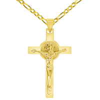 Load image into Gallery viewer, Solid 14k Yellow Gold Classic Saint Benedict Cross Jesus Crucifix Pendant with Cable, Cuban Curb, or Figaro Chain Necklaces
