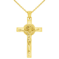 Load image into Gallery viewer, Solid 14k Yellow Gold Classic Saint Benedict Cross Jesus Crucifix Pendant with Cable, Cuban Curb, or Figaro Chain Necklaces
