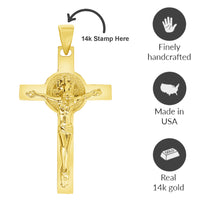 Load image into Gallery viewer, Solid 14k Yellow Gold Classic Saint Benedict Cross Jesus Crucifix Pendant with Cable, Cuban Curb, or Figaro Chain Necklaces
