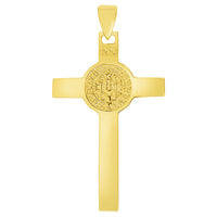 Load image into Gallery viewer, Solid 14k Yellow Gold Classic Saint Benedict Cross Jesus Crucifix Pendant with Cable, Cuban Curb, or Figaro Chain Necklaces
