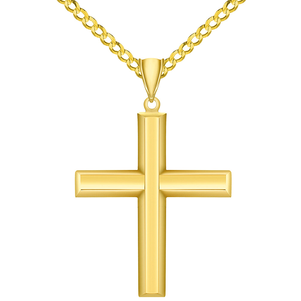 High Polish 14k Yellow Gold Beveled Edge Religious Plain Cross Pendant Cuban Curb Chain Necklace