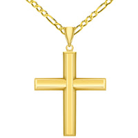 Load image into Gallery viewer, High Polish 14k Yellow Gold Beveled Edge Religious Plain Cross Pendant With Cable, Curb or Figaro Chain Necklace
