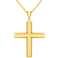 Load image into Gallery viewer, High Polish 14k Yellow Gold Beveled Edge Religious Plain Cross Pendant With Cable, Curb or Figaro Chain Necklace
