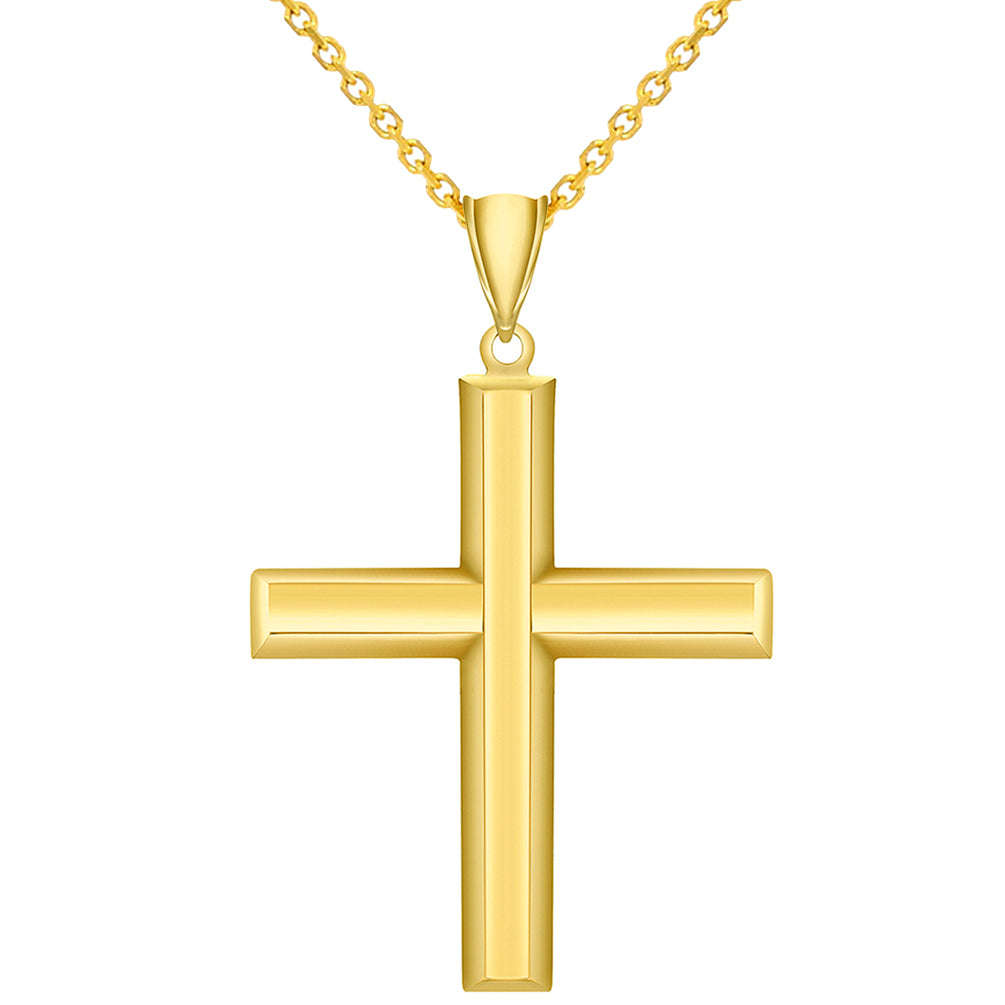 High Polish 14k Yellow Gold Beveled Edge Religious Plain Cross Pendant With Cable, Curb or Figaro Chain Necklace