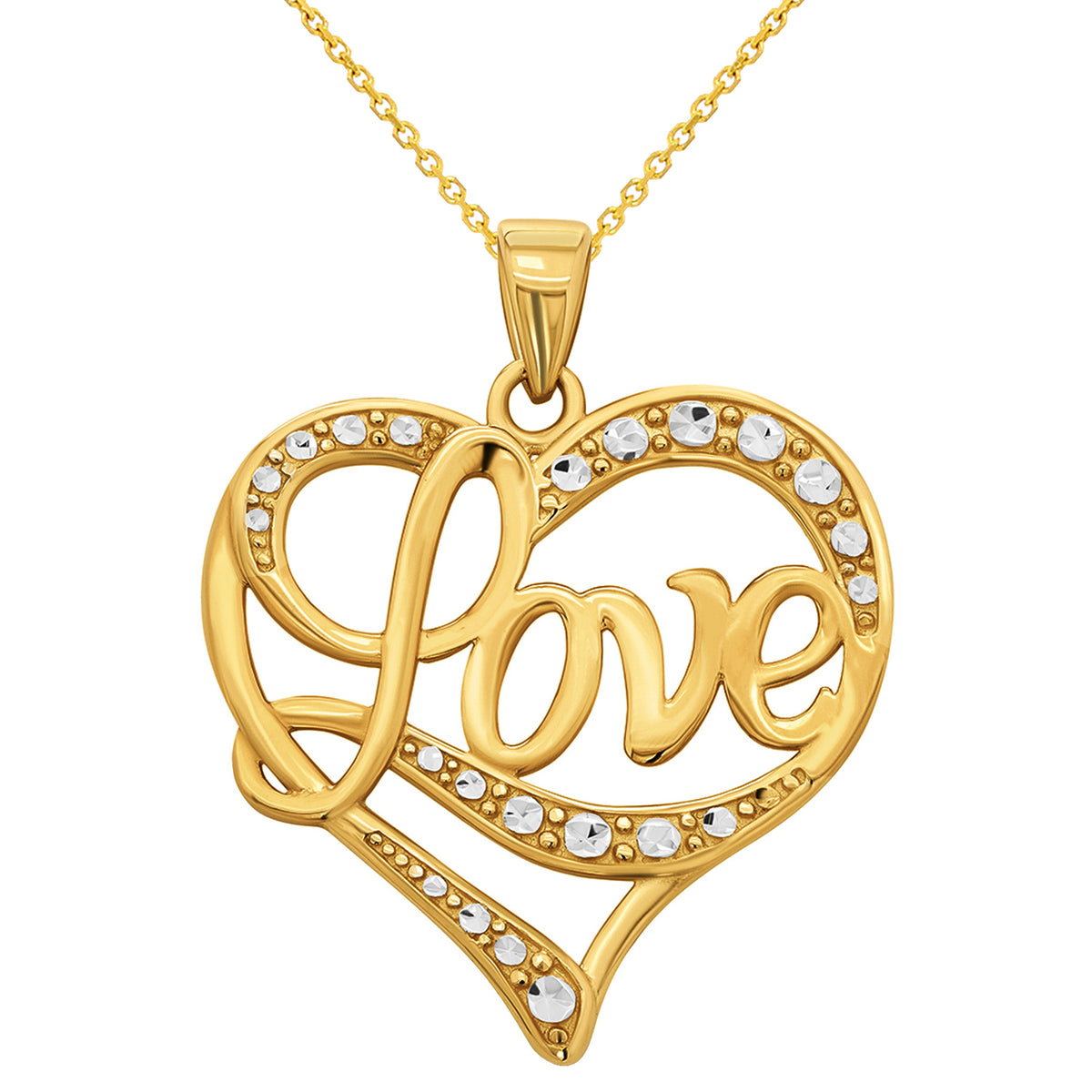 14k Yellow Gold Elegant Heart with Love Written Pendant Necklace with Rolo, Cuban or Figaro Chain