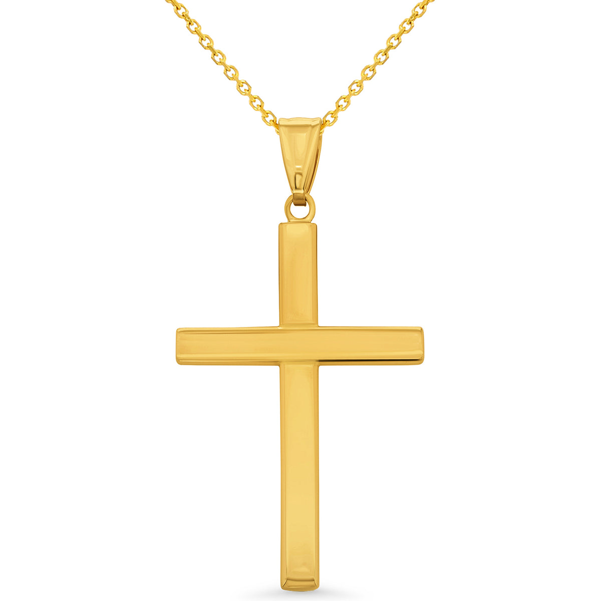 14k Solid Gold Plain and Simple Religious Cross Pendant Necklace with Rolo, Cuban or Figaro Chain