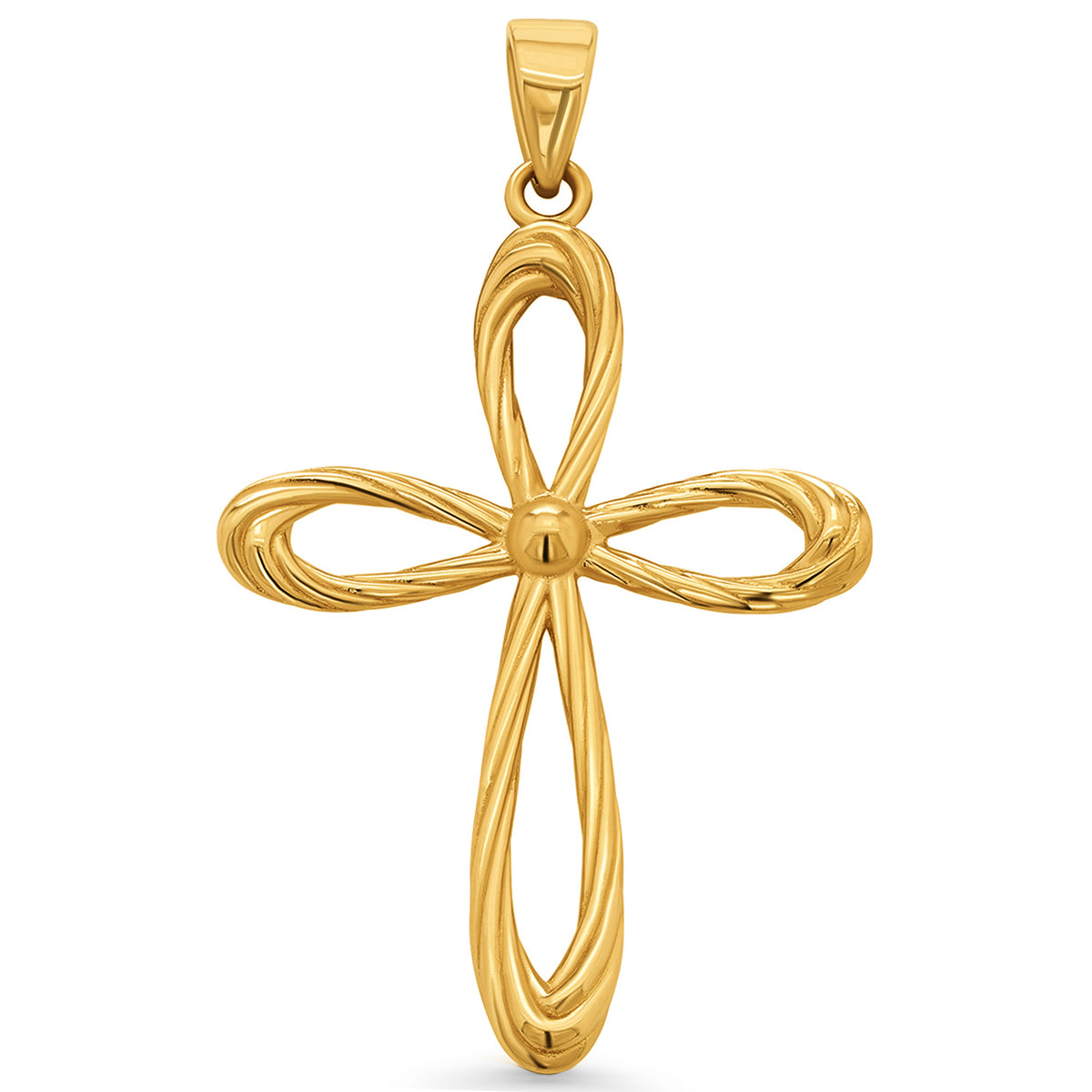 14k Yellow Gold Open Rounded Religious Cross Pendant with Rope Texture