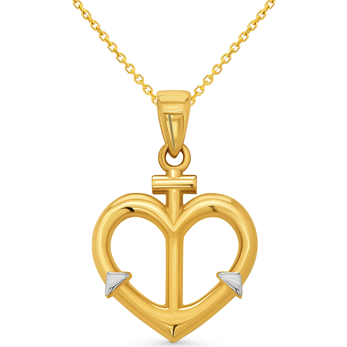 14k Yellow Gold Mariner Anchor Heart Pendant Necklace with Rolo, Cuban or Figaro Chain