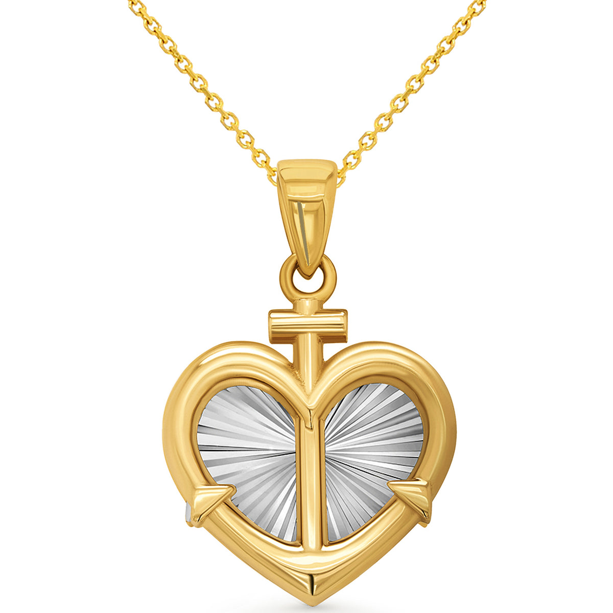 14k Yellow Gold Two-Tone Textured Heart with Anchor Pendant Necklace with Rolo, Cuban or Figaro Chain