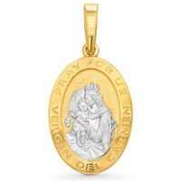 Load image into Gallery viewer, 14k Solid Yellow Gold Pray For Us Vergen Del Carmen Miraculous Medallion Pendant Necklace with Rolo, Cuban or Figaro Chain

