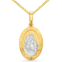 Load image into Gallery viewer, 14k Solid Yellow Gold Pray For Us Vergen Del Carmen Miraculous Medallion Pendant Necklace with Rolo, Cuban or Figaro Chain
