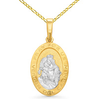Load image into Gallery viewer, 14k Solid Yellow Gold Pray For Us Vergen Del Carmen Miraculous Medallion Pendant Necklace with Rolo, Cuban or Figaro Chain
