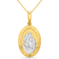 Load image into Gallery viewer, 14k Solid Yellow Gold Pray For Us Vergen Del Carmen Miraculous Medallion Pendant Necklace with Rolo, Cuban or Figaro Chain
