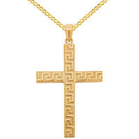 Load image into Gallery viewer, Textured 14K Yellow Gold Greek Key Cross Pendant Necklace
