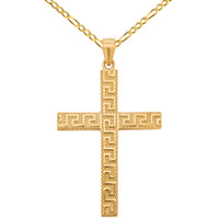 Load image into Gallery viewer, Textured 14K Yellow Gold Greek Key Cross Pendant Necklace
