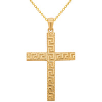 Load image into Gallery viewer, Textured 14K Yellow Gold Greek Key Cross Pendant Necklace
