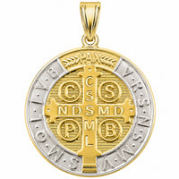 Load image into Gallery viewer, High Polish 14k Gold Round Shaped Two-Tone Saint Benedict Charm Medallion Pendant
