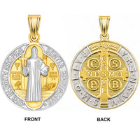 Load image into Gallery viewer, High Polish 14k Gold Round Shaped Two-Tone Saint Benedict Charm Medallion Pendant
