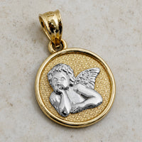 Load image into Gallery viewer, 14k Yellow Gold Guardian Angel Round Medal Pendant - Two Tone
